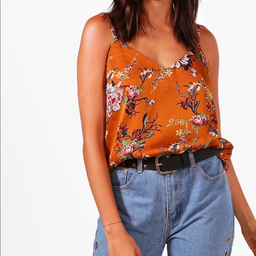 Boohoo Floral Mustard Spaghetti Strap V-Neck Top Size 6